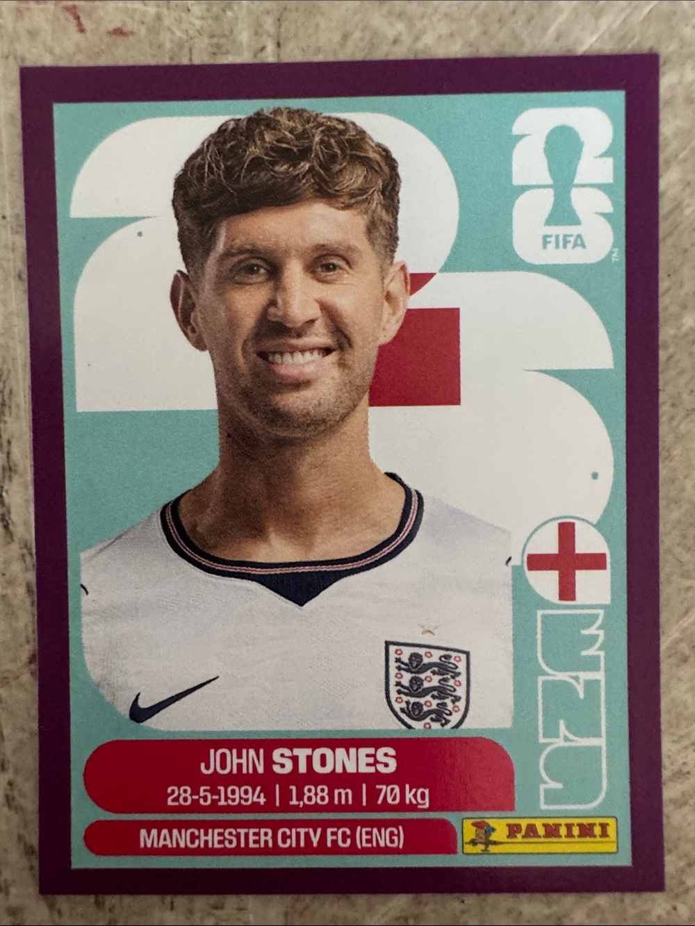 JOHN STONES Panini England Sticker with Purple Border